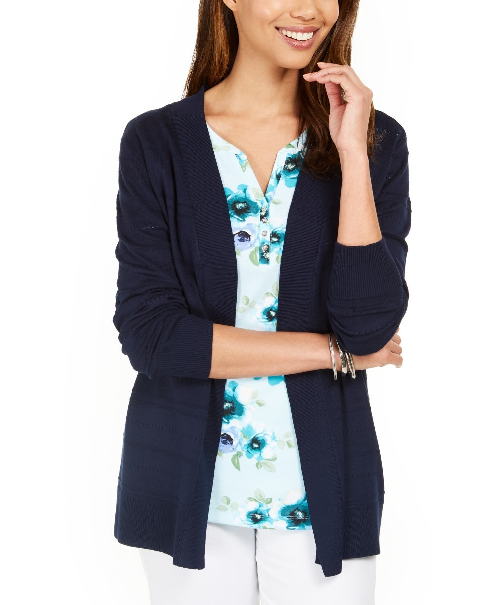 Karen Scott Women's Pointelle Open Front Cardigan  Blue Size Small