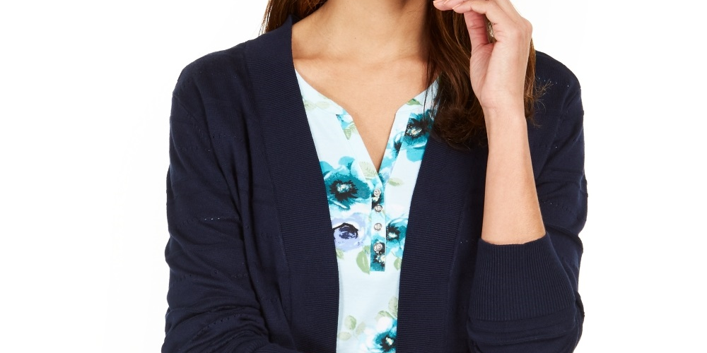 Karen Scott Women's Pointelle Open Front Cardigan  Blue Size Small