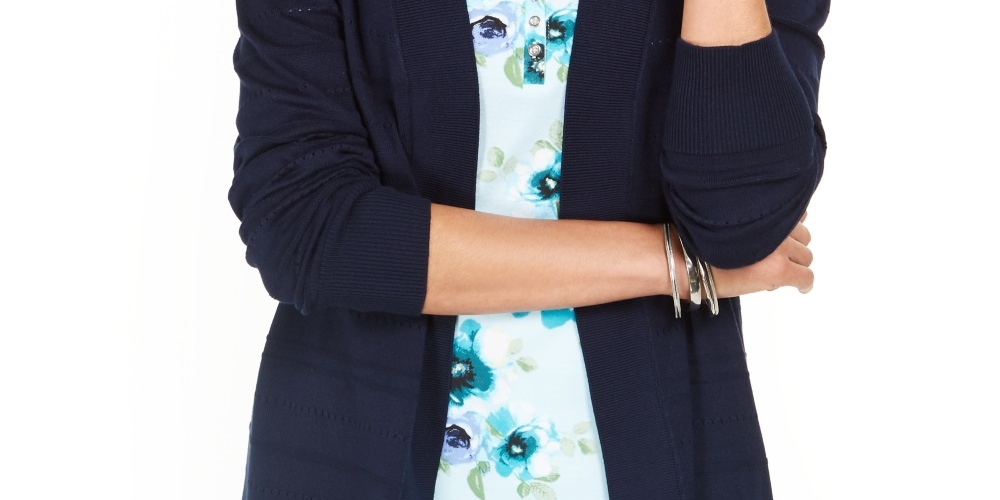 Karen Scott Women's Pointelle Open Front Cardigan  Blue Size Small