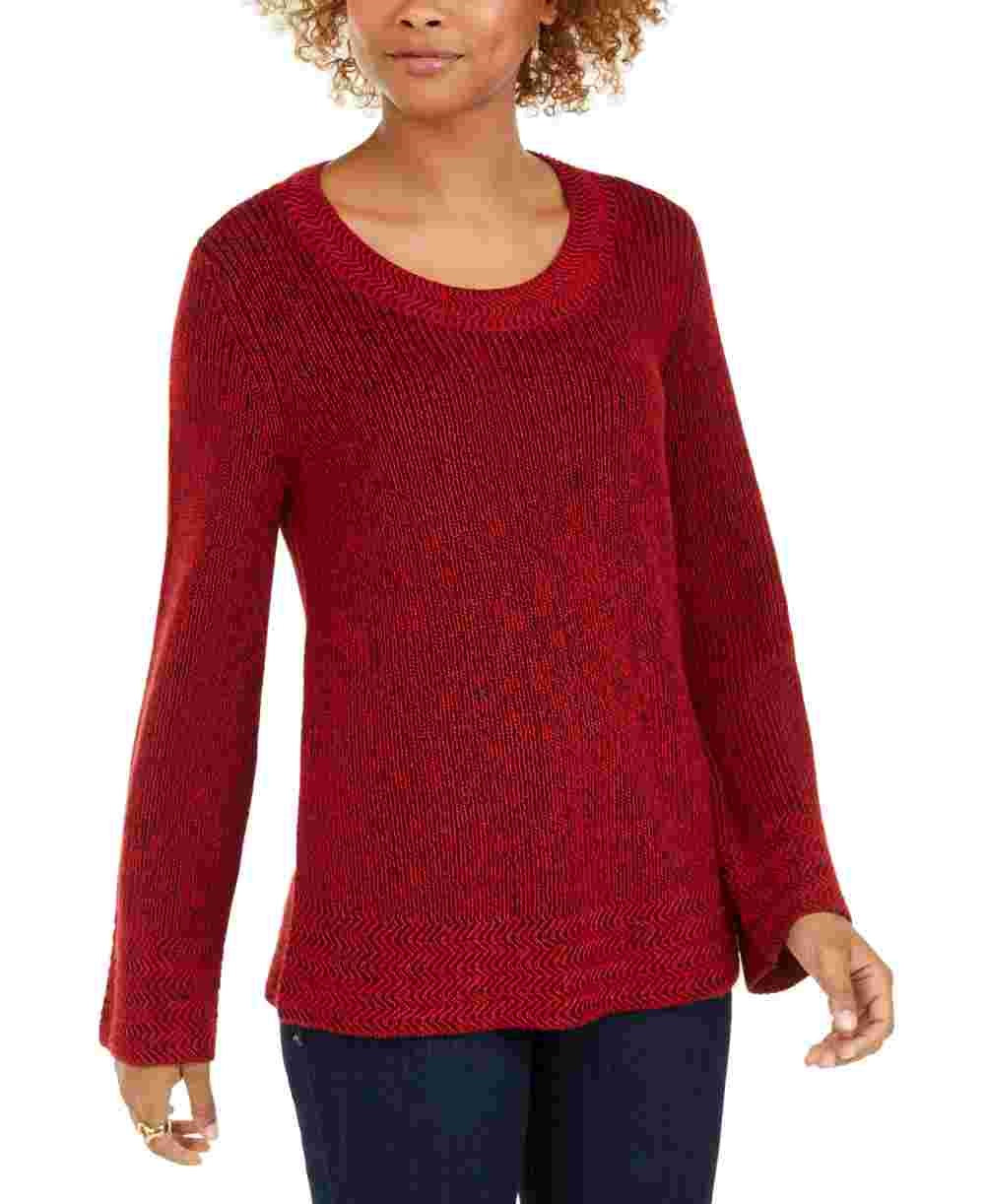 Style & Co Women's Textured  Knitted Printed Long Sleeve Scoop Neck T-Shirt Sweater Red Size Petite Small