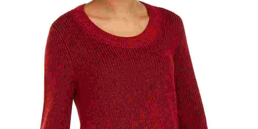 Style & Co Women's Textured  Knitted Printed Long Sleeve Scoop Neck T-Shirt Sweater Red Size Petite Small