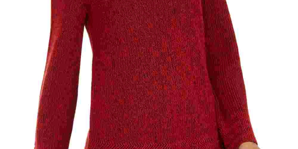 Style & Co Women's Textured  Knitted Printed Long Sleeve Scoop Neck T-Shirt Sweater Red Size Petite Small