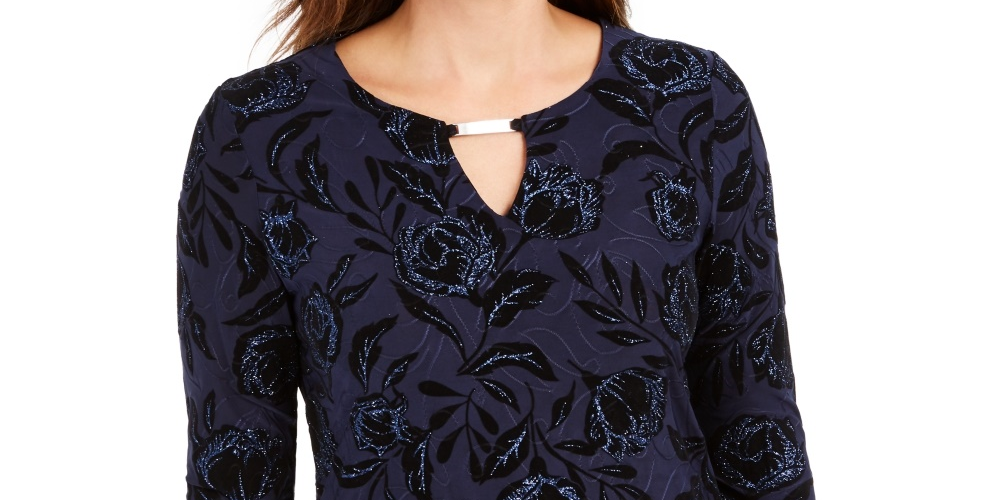 JM Collection Women's Flocked Velvet Jacquard Top Navy Size X-Small