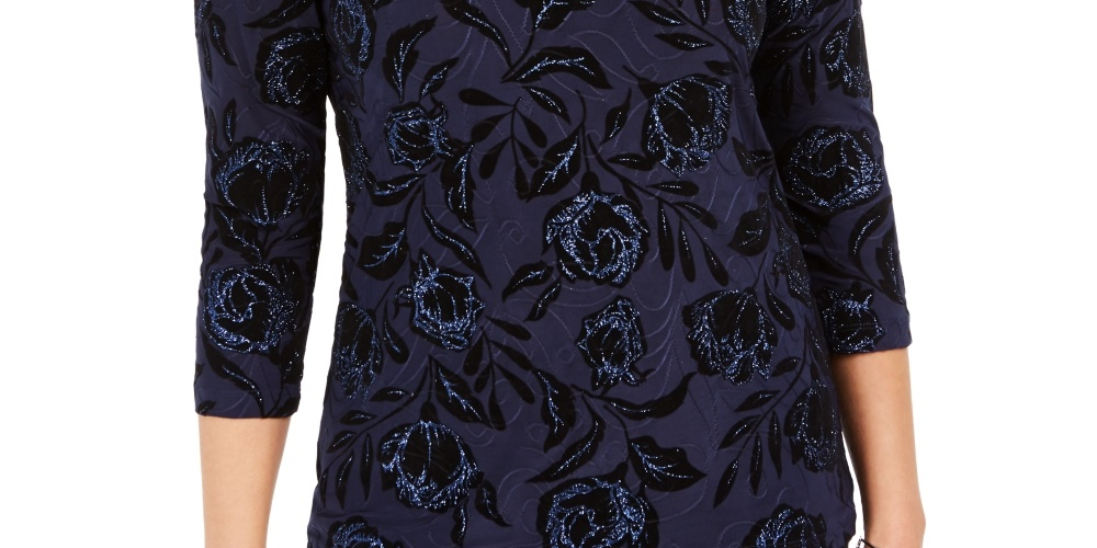 JM Collection Women's Flocked Velvet Jacquard Top Navy Size X-Small