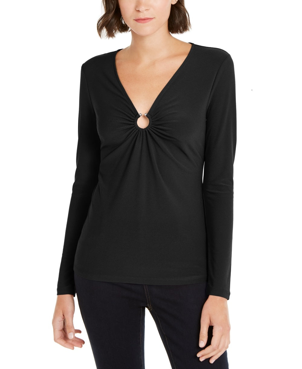 INC International Concepts Women's U Ring V Neck Top Black Size Small