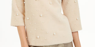 Alfani Women's Scattered Faux Pearl Sweater Beige Size Petite X-Large