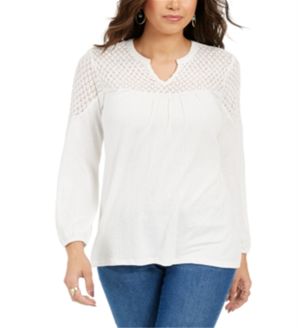 Style & Co Women's Lace Shoulder Top White Size Petite S