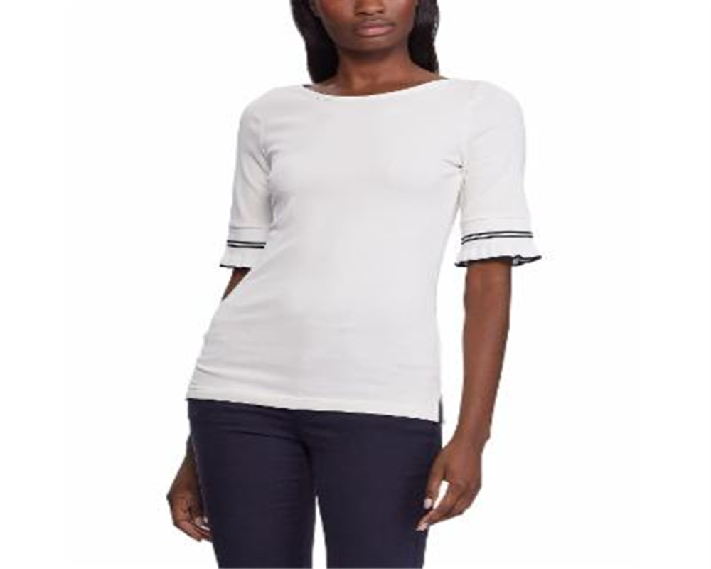 Ralph Lauren Women's Ruffled Short Sleeve Jewel Neck Top White Size Medium