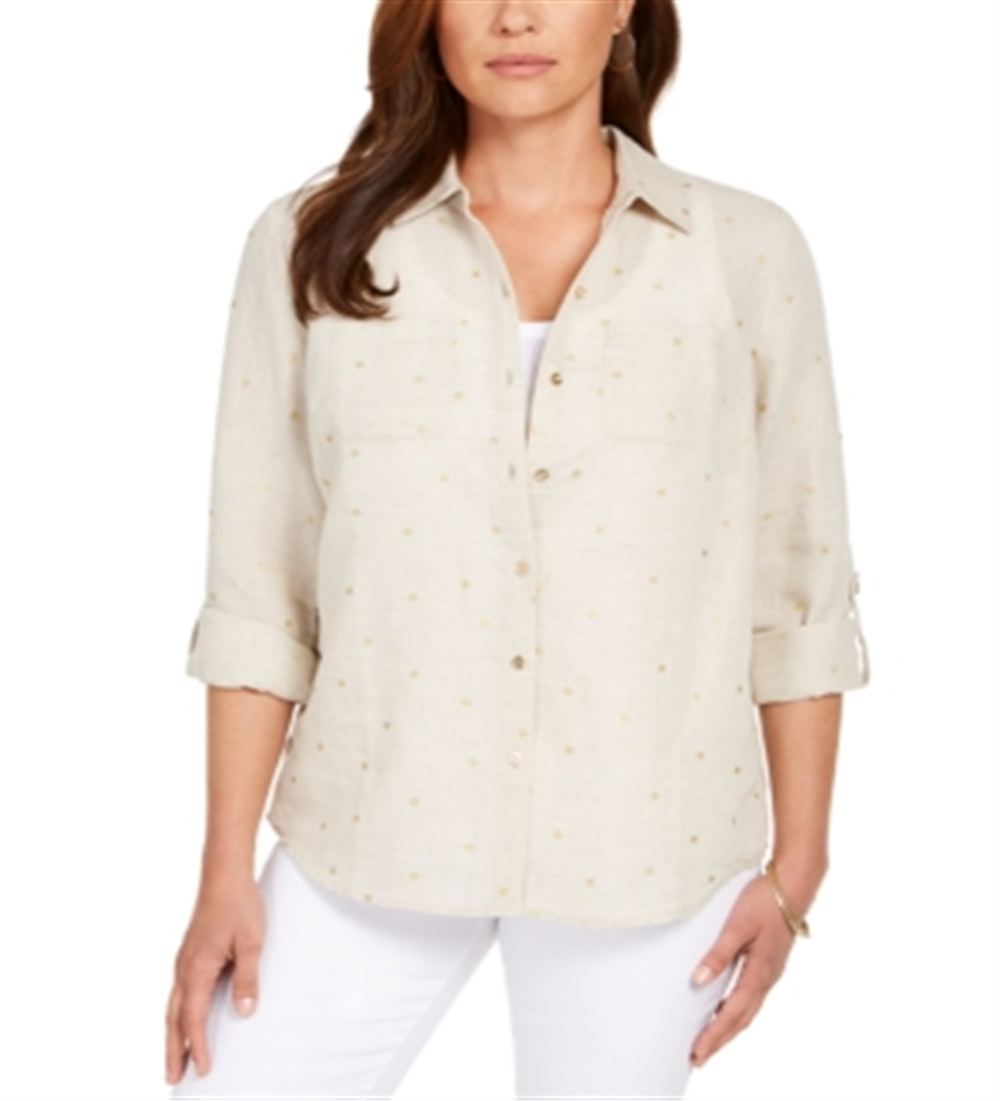 Charter Club Women's Foil Dot Linen Top Brown Size Small
