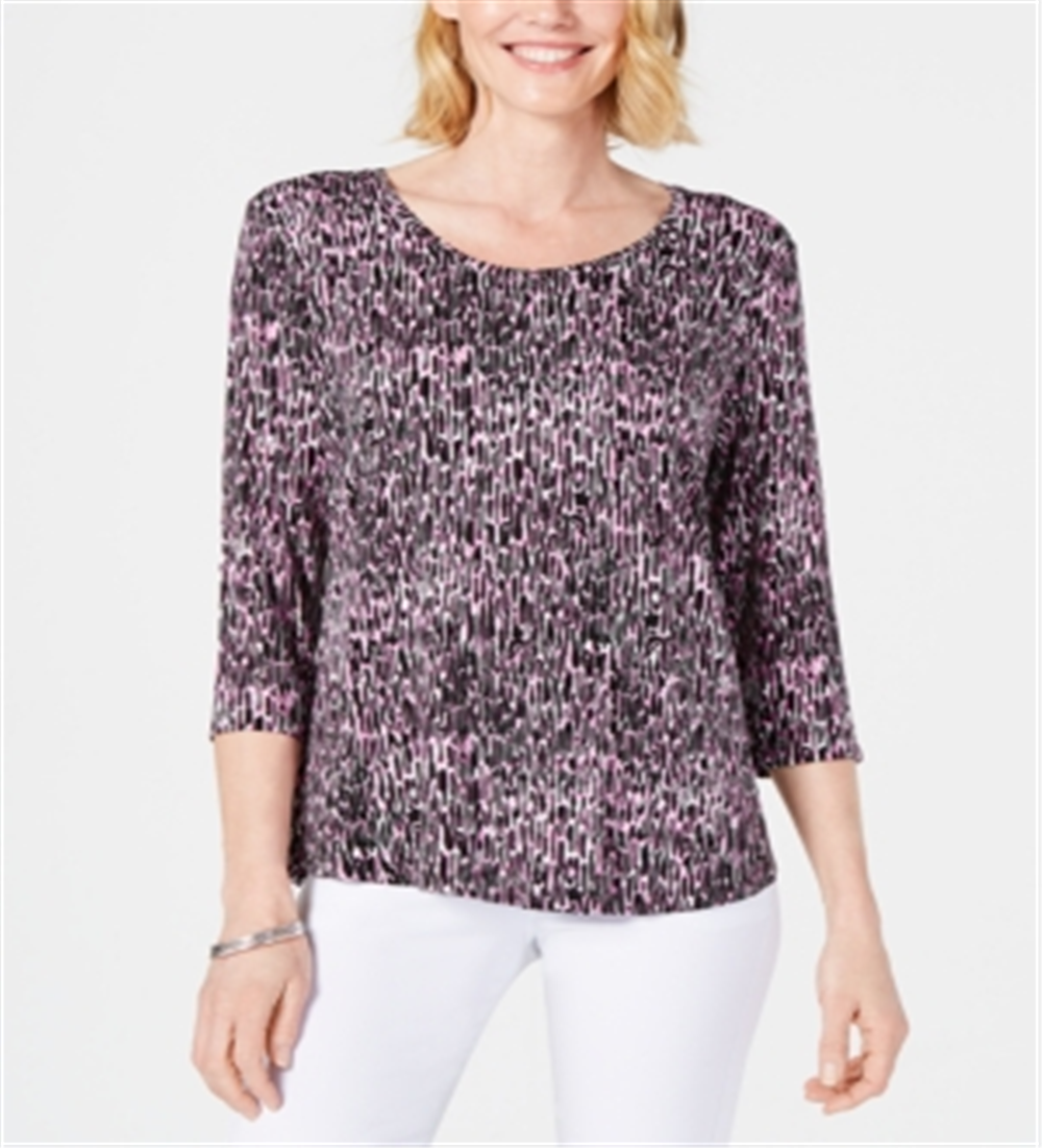 JM Collection Women's Printed 3/4 Sleeve Top Pink Animal Print  Size Petite S/M