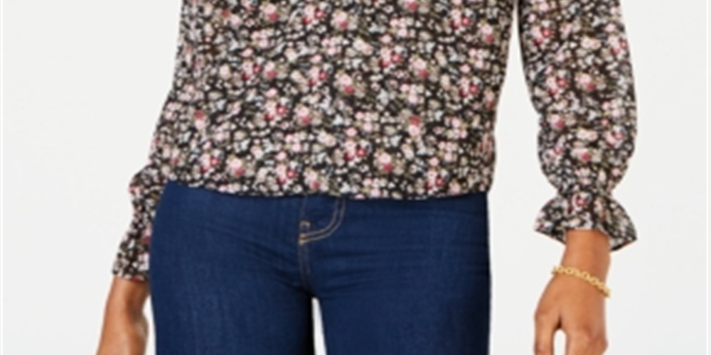 Maison Jules Women's Printed V Neck Blouse Black Size Medium