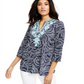 Charter Club Women's Embroidered Printed Split Neck Top Blue Size Small