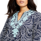 Charter Club Women's Embroidered Printed Split Neck Top Blue Size Small