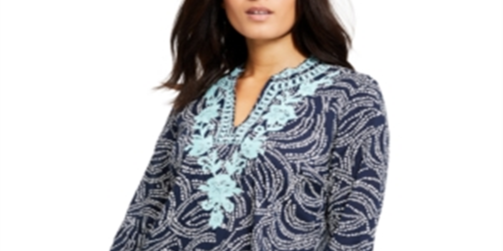 Charter Club Women's Embroidered Printed Split Neck Top Blue Size Small