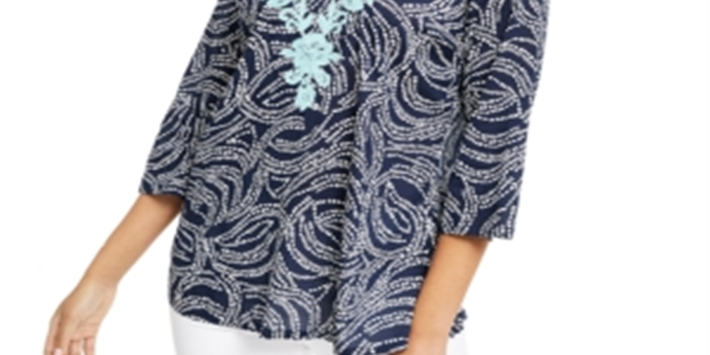 Charter Club Women's Embroidered Printed Split Neck Top Blue Size Small