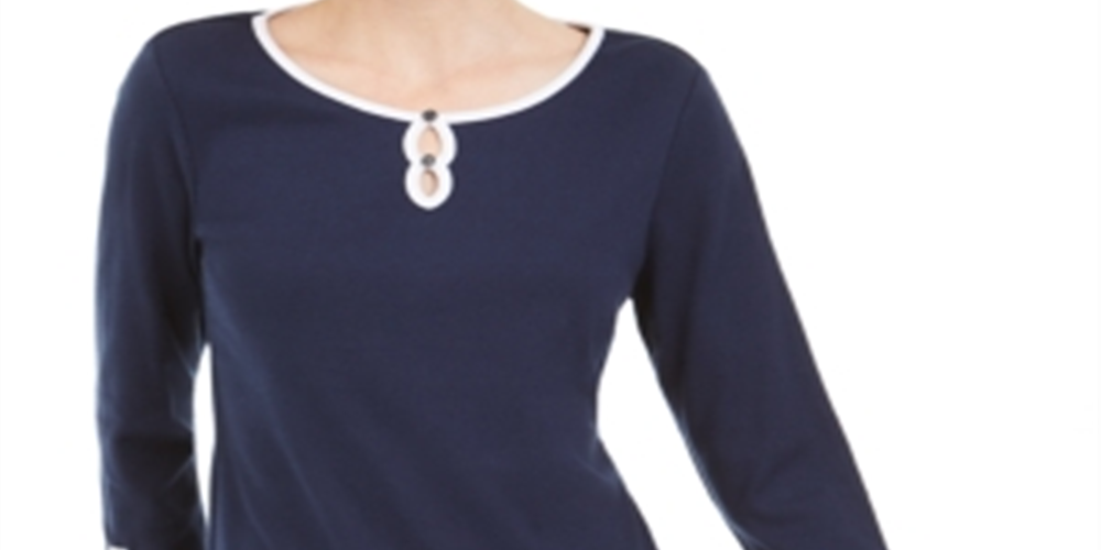 Karen Scott Women's Contrast Trim Cotton Top Blue Size Medium