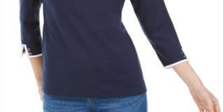 Karen Scott Women's Contrast Trim Cotton Top Blue Size Medium