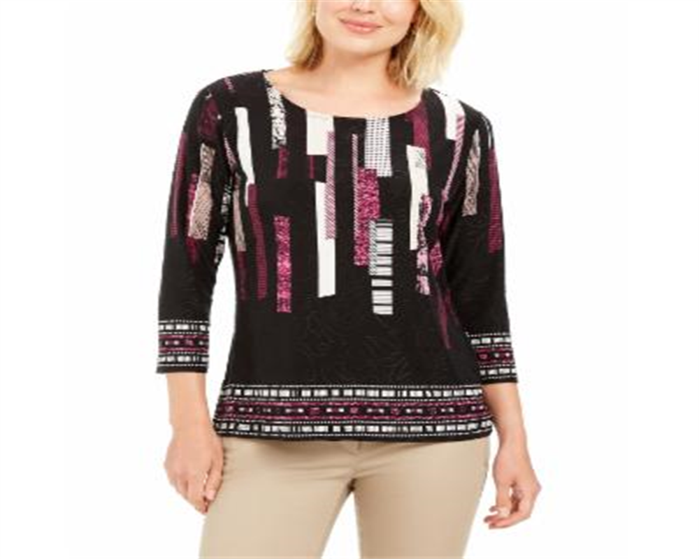 JM Collection Women's Printed Jacquard Top Black Size Medium