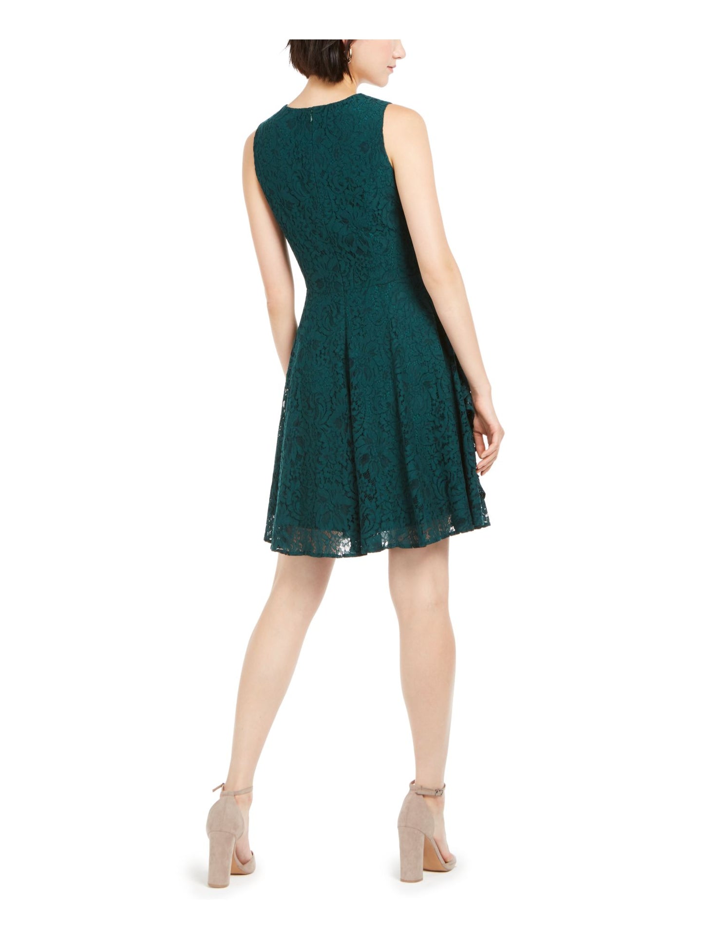 Vince Camuto Women's Lace Zippered Ruffled Sleeveless V Neck Short Party Fit Flare Dress Green Size 6