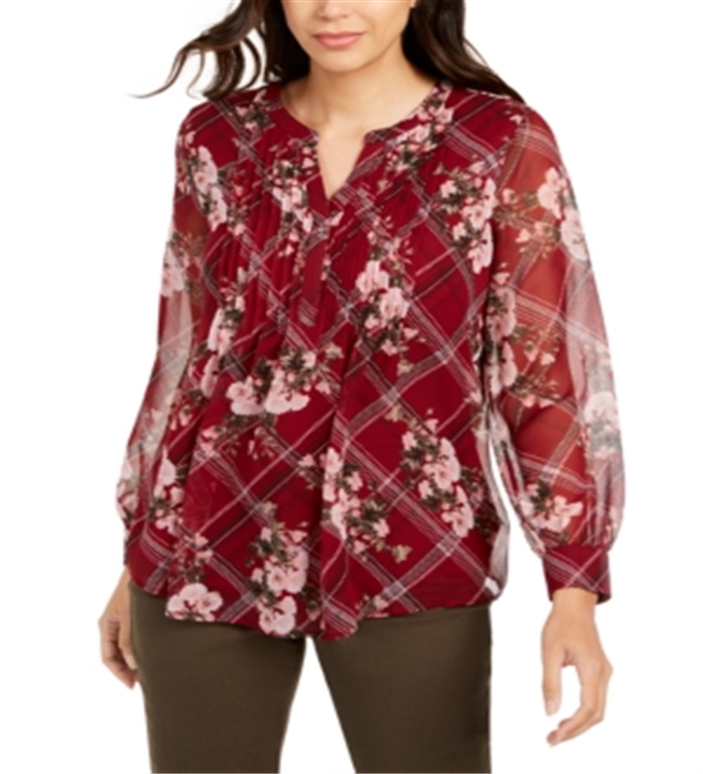 Charter Club Women's Printed Split Neck Top Red Size XX-Large
