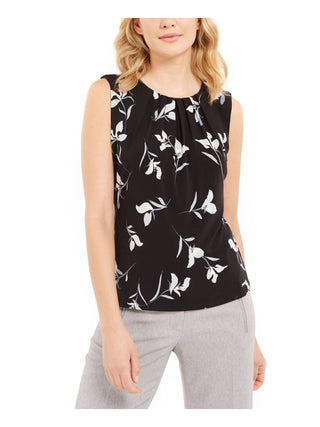 Calvin Klein Women's Floral Sleeveless Jewel Neck Blouse Wear to Work Top Black Size Petite Medium