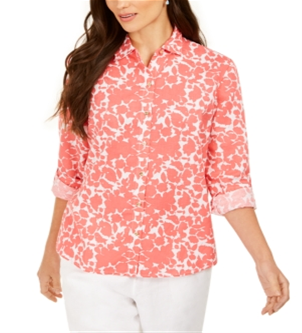 Charter Club Women's Printed Roll Sleeve Top Coral/White Size Large