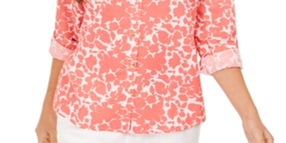Charter Club Women's Printed Roll Sleeve Top Coral/White Size Large