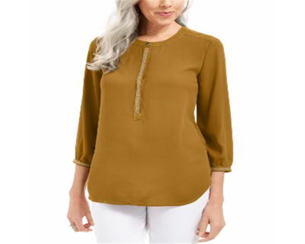 JM Collection Women's Studded Button Cuff Top Yellow Size Petite Medium