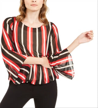 Alfani Women's Striped Angel Sleeve Bubble Top Black-Red  Size Petite S/M