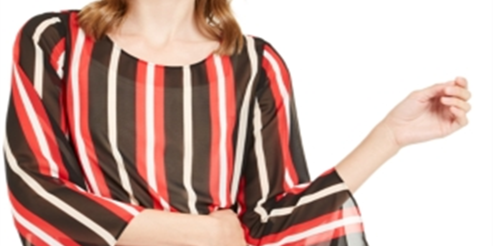 Alfani Women's Striped Angel Sleeve Bubble Top Black-Red  Size Petite S/M