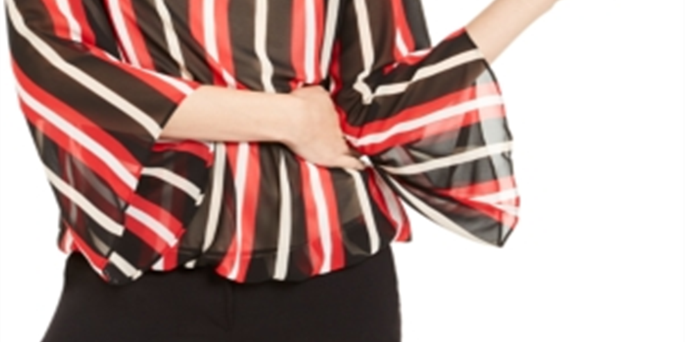 Alfani Women's Striped Angel Sleeve Bubble Top Black-Red  Size Petite S/M