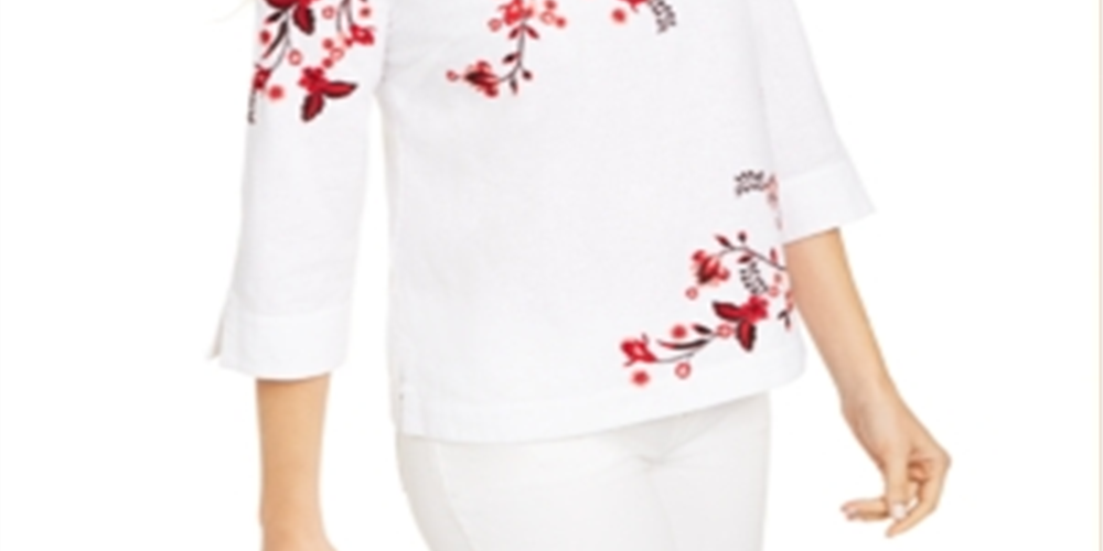 Charter Club Women's Embroidered Split Sleeve Top White Size XX-Large