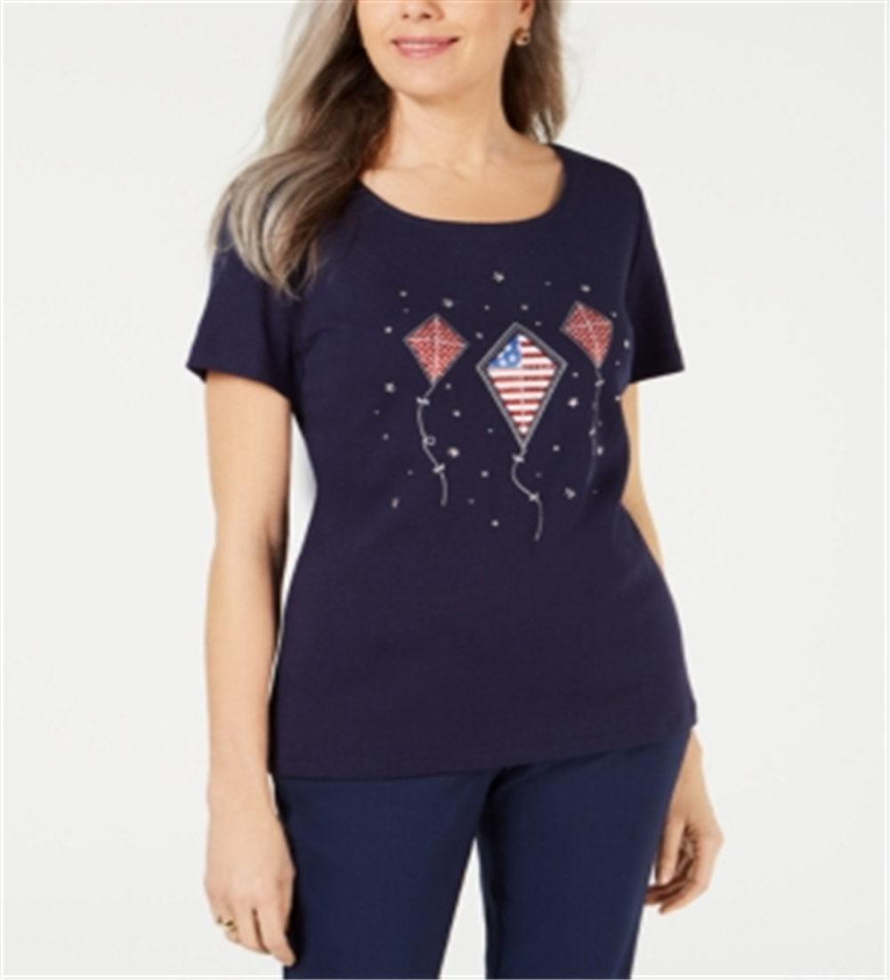 Karen Scott Women's Cotton Flag Print Top Blue Size Small