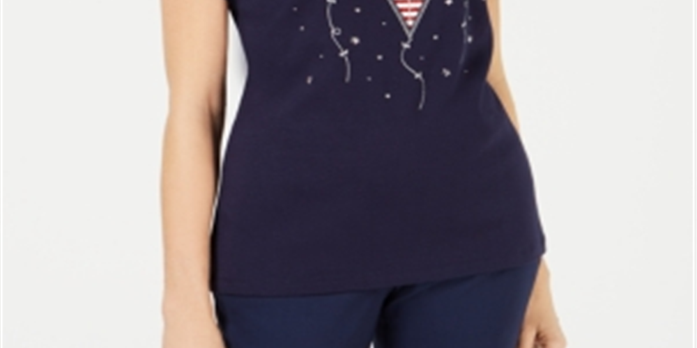 Karen Scott Women's Cotton Flag Print Top Blue Size Small