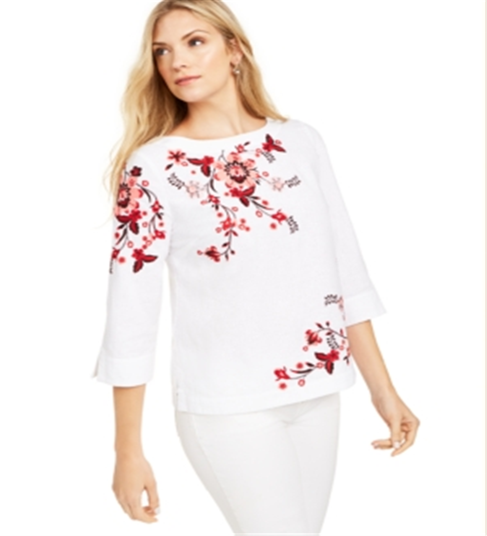 Charter Club Women's Embroidered Split Sleeve Top White Size X-Small