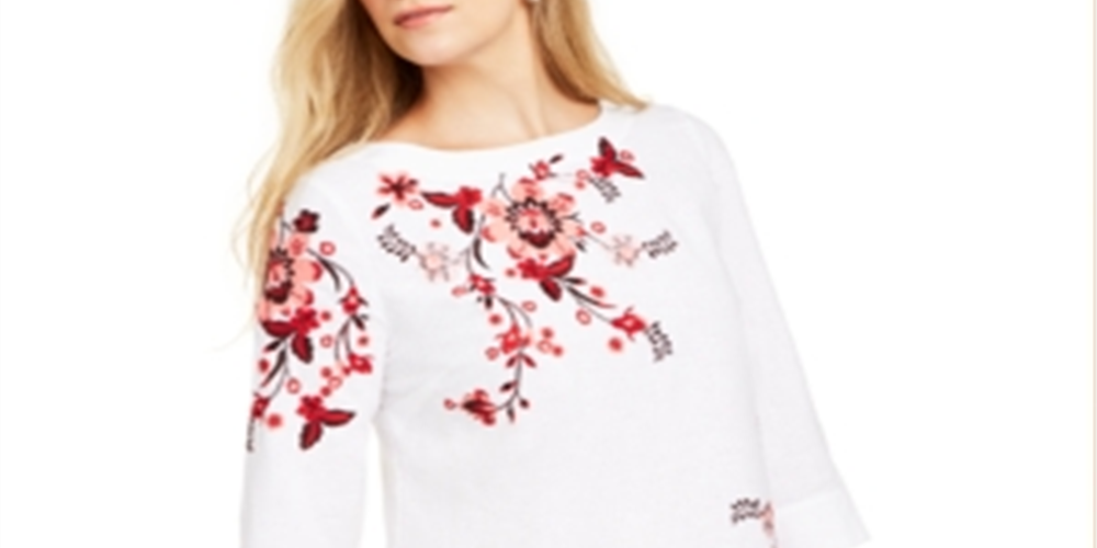 Charter Club Women's Embroidered Split Sleeve Top White Size X-Small