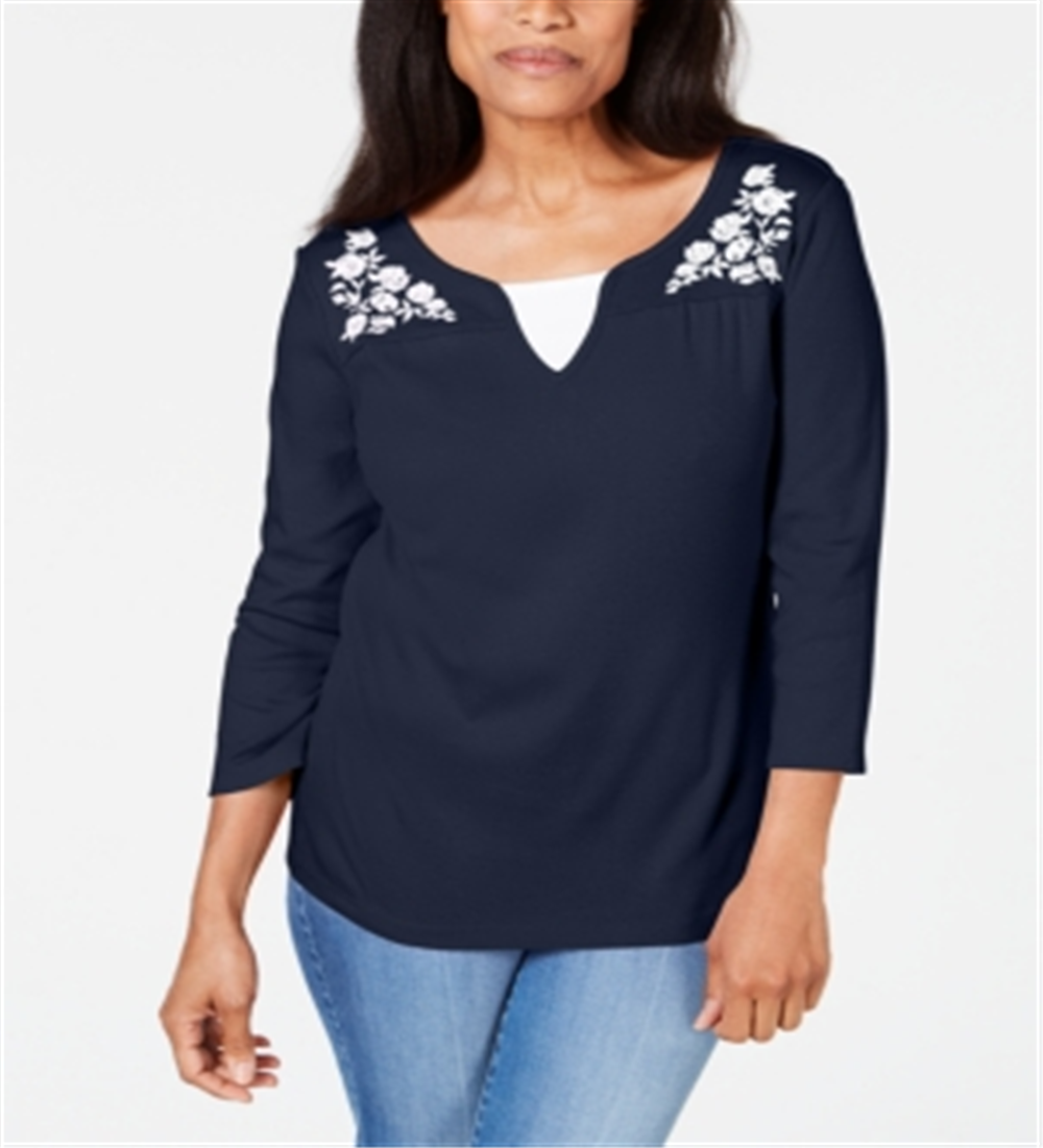 Karen Scott Women's Embroidered Cotton Layered Look Top Blue Size Medium