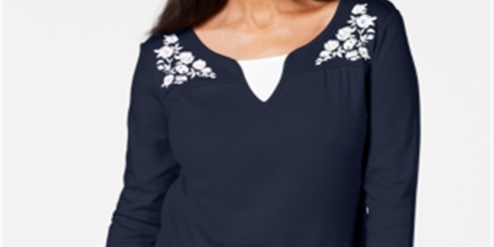 Karen Scott Women's Embroidered Cotton Layered Look Top Blue Size Medium