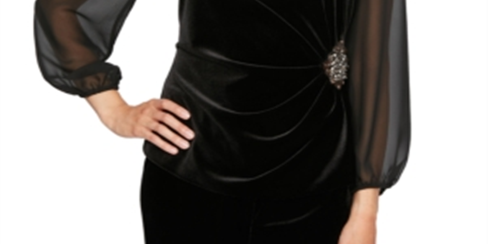Alex Evenings Women's Long Sleeve Jewel Neck Evening Top Black Size Petite Small
