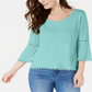 Style & Co Women's Crochet Trim Bell Sleeve Top Teal Size Petite S