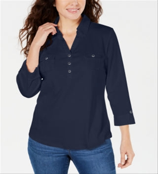 Karen Scott Women's 3-4 Sleeve Polo Shirt Blue Size Petite Small