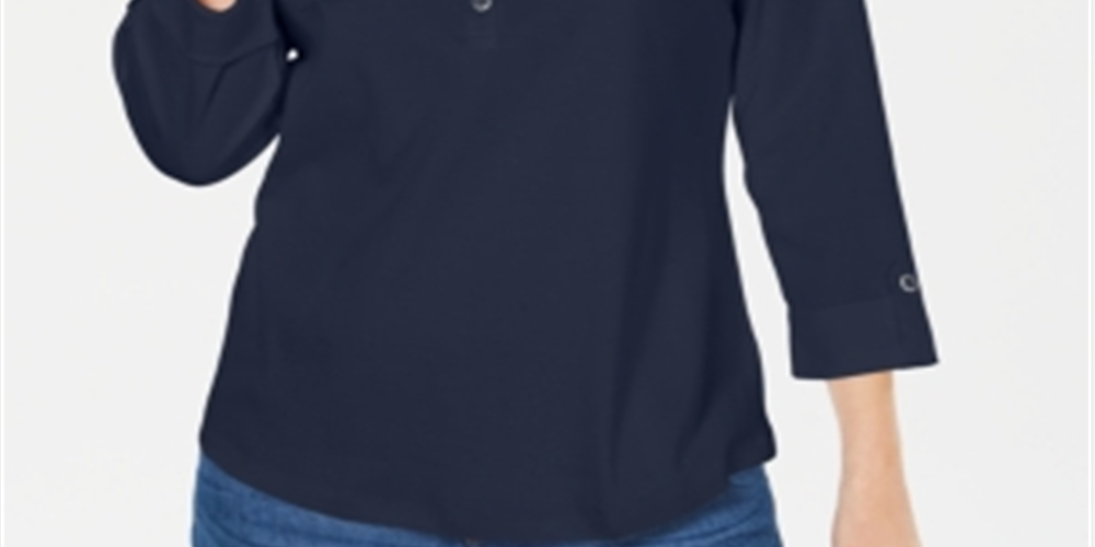 Karen Scott Women's 3-4 Sleeve Polo Shirt Blue Size Petite Small