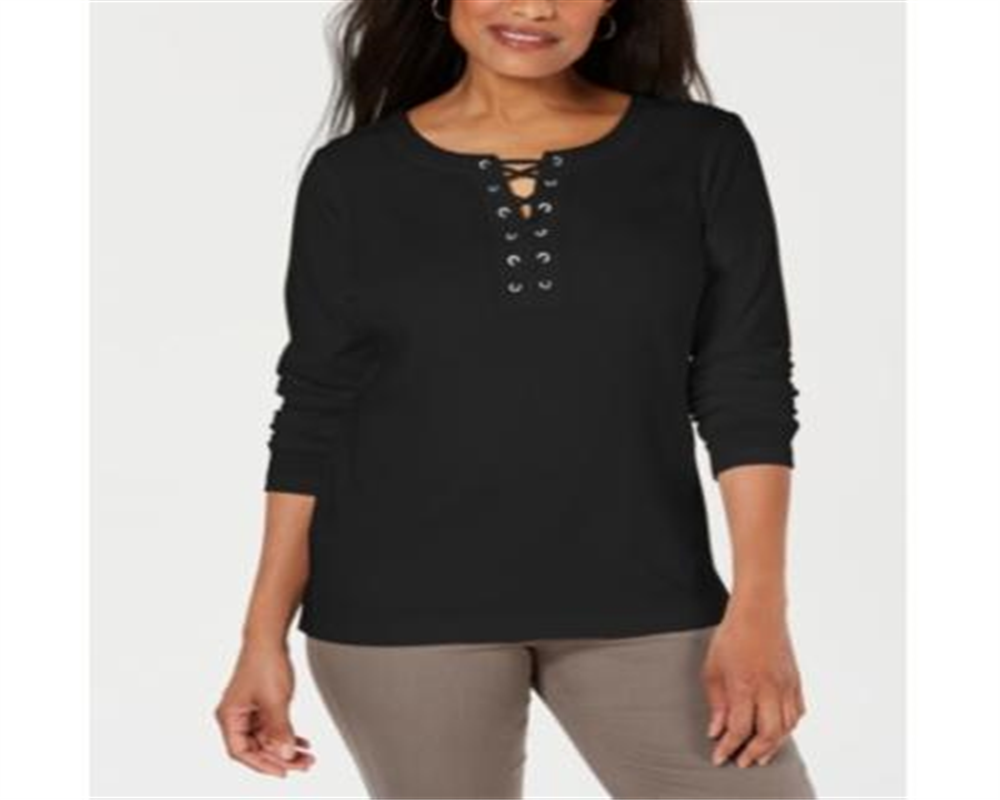 Karen Scott Women's Cotton Lace up Top Black Size X-Large