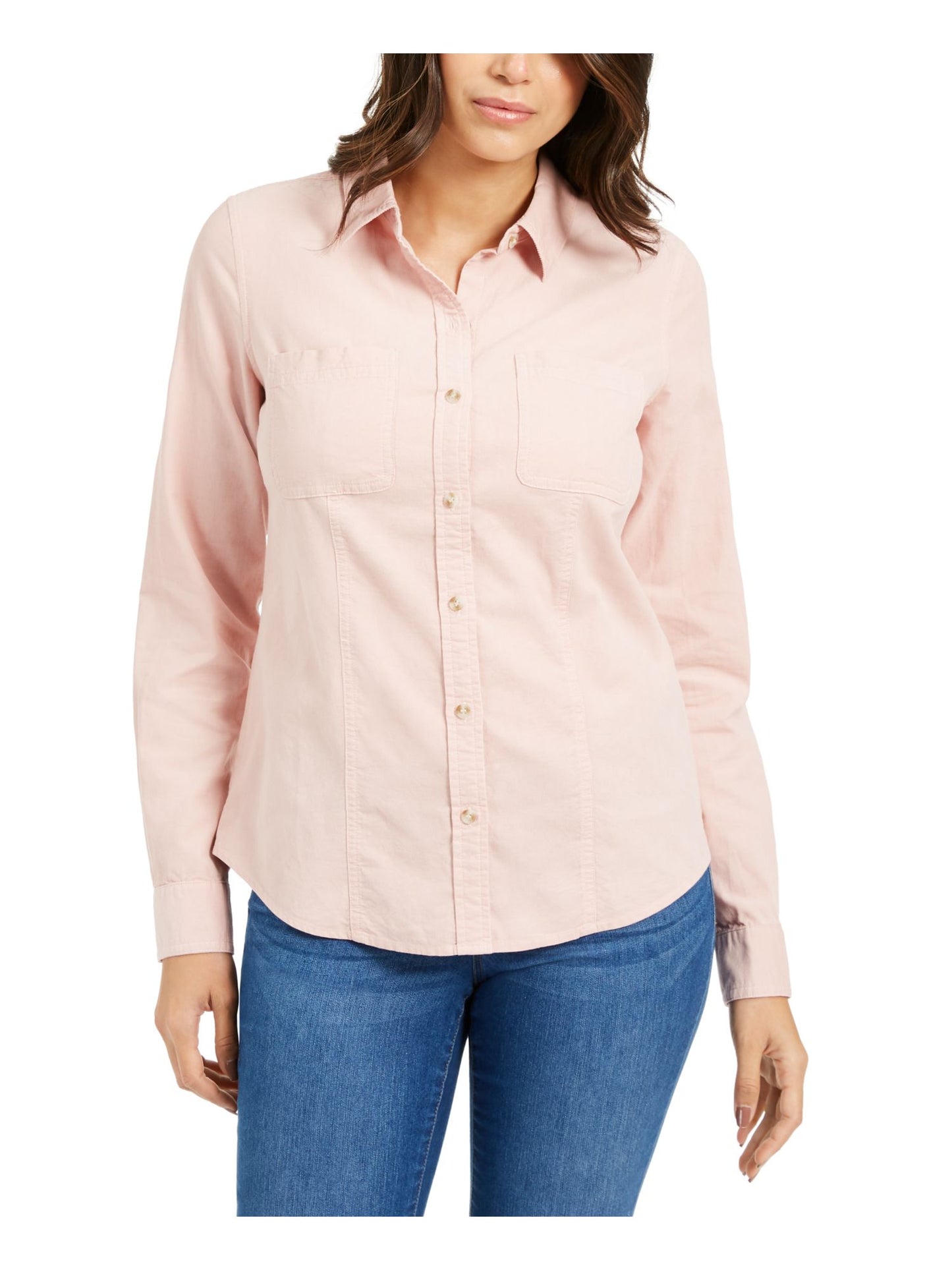 Charter Club Women's Corduroy Long Sleeve Collared Top Pink Size Petite Medium