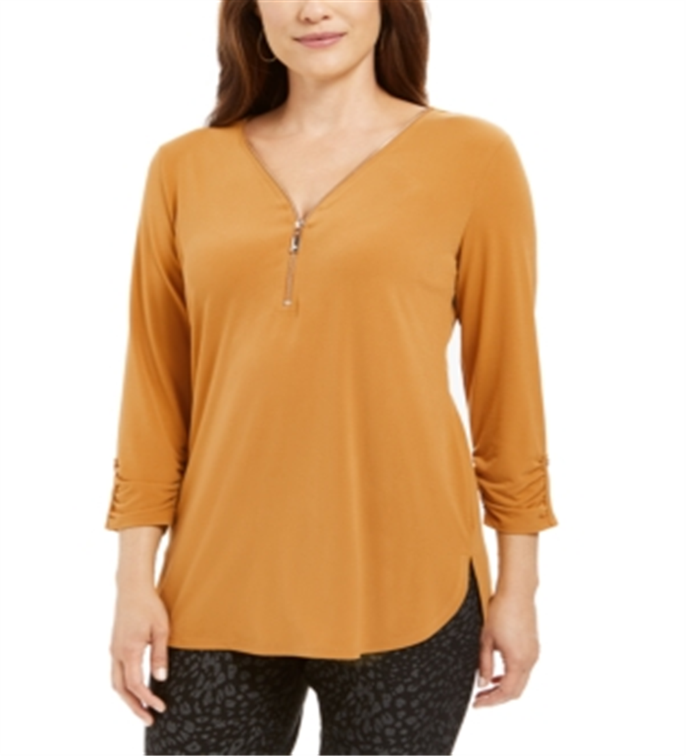 JM Collection Women's Zipper Trim 3/4 Sleeve Top Blue Size Small