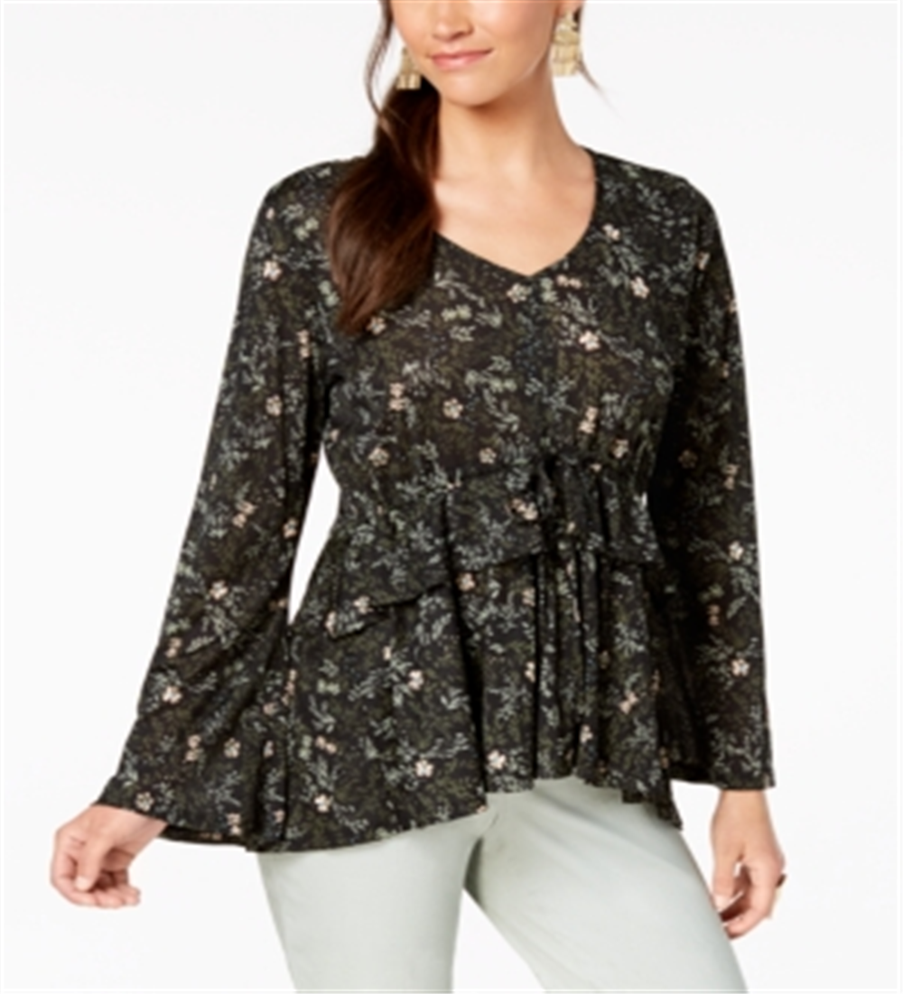 Style & Co Women's Printed Babydoll Top Black Size X-Small