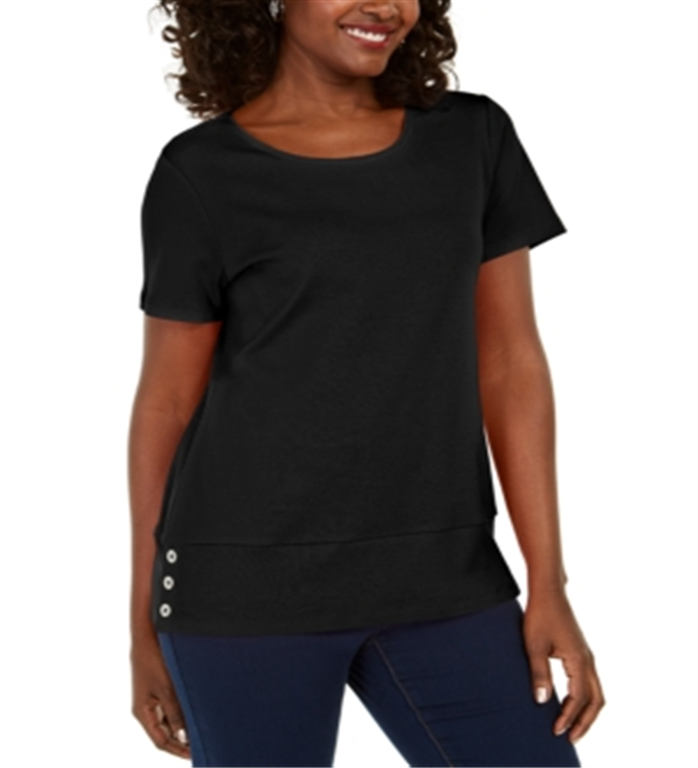 Karen Scott Women's Button Hem Scoop Neck Cotton Top Black Size Small