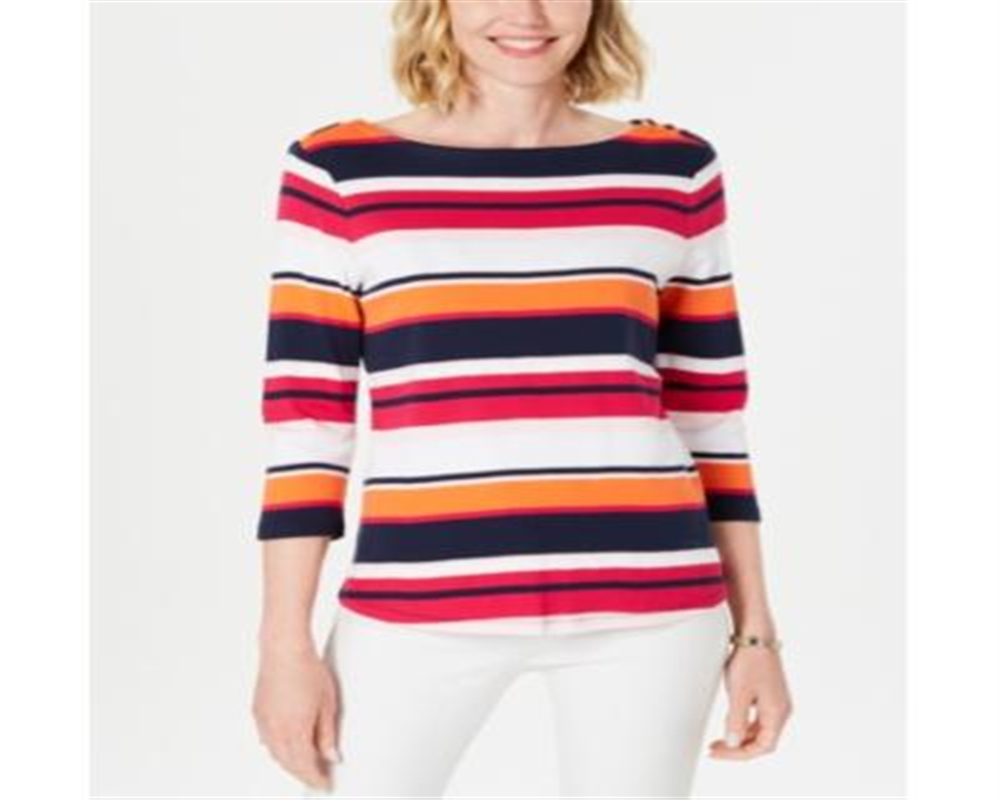 Charter Club Women's Cotton Striped Boat Neck Top Pink Combo  Size Petite S/M
