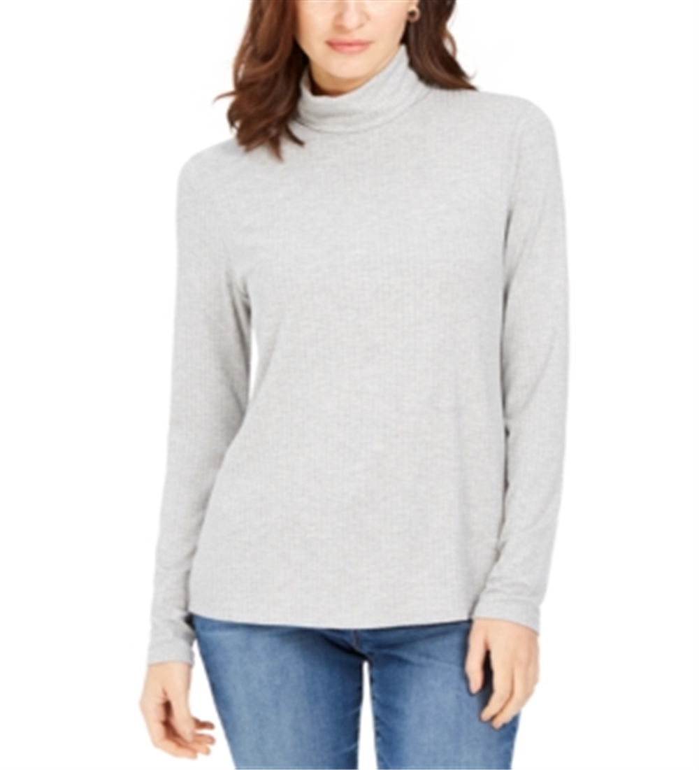 Charter Club Women's Heathered Ribbed Turtleneck Top Gray Size X-Small