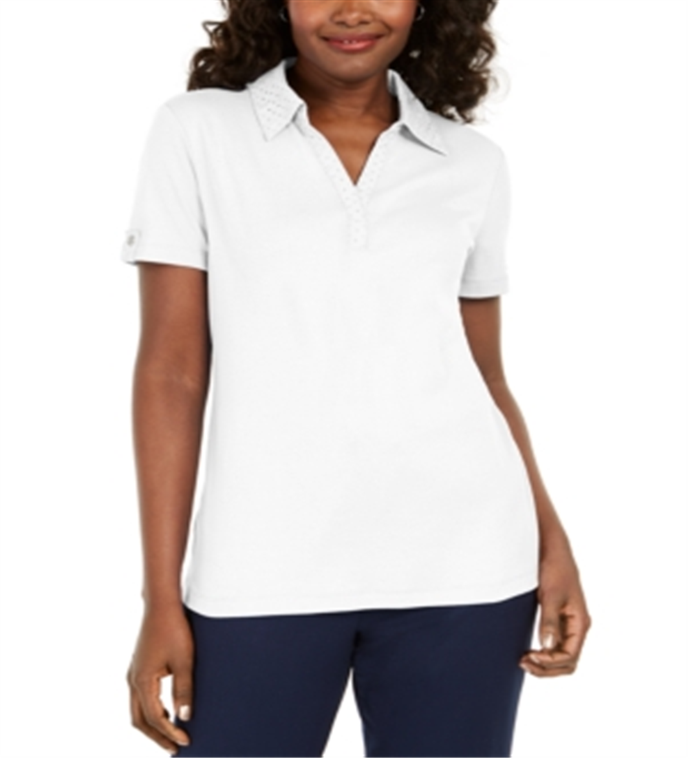 Karen Scott Women's Cotton Eyelet Collar Top White Size X-Small